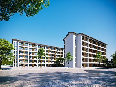 Modern School Building Design With Multi Story White Facade Surrounding Trees And Open Plaza 3d model