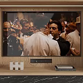 Modern Built in Television in Wooden Frame with Shelf and Decorative Items