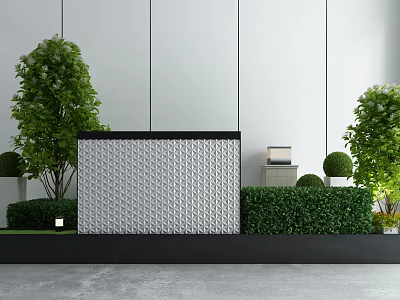 Modern Garden Ornament Design With Green Trees Topiary Shrubs And Decorative Screen 3d model