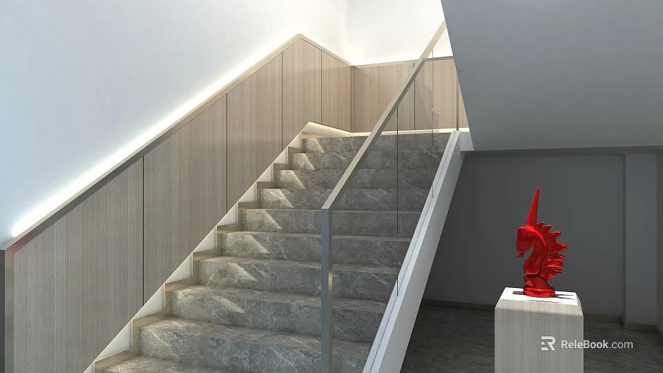 Modern Staircase With Marble Steps Glass Railing Wooden Panels And Red Sculpture On White Pedestal 3d model 