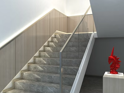 Modern Staircase With Marble Steps Glass Railing Wooden Panels And Red Sculpture On White Pedestal 3d model