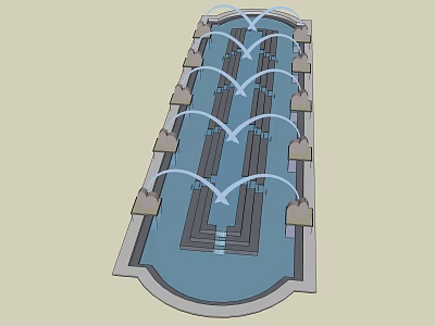 Long Rectangular Fountain Design With Arched Water Jets And Decorative Pillars 3d model