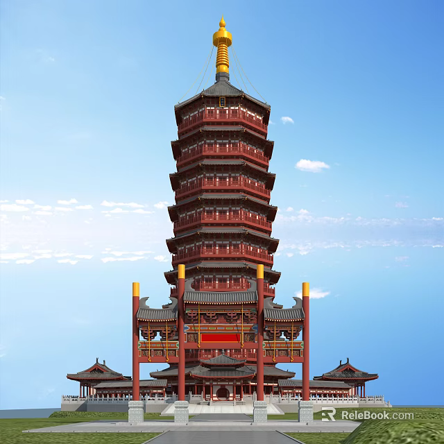 Traditional Red Multi tiered Pagoda With Golden Decorations And Blue Sky Background 3d model 