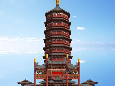 Traditional Red Multi tiered Pagoda With Golden Decorations And Blue Sky Background 3d model