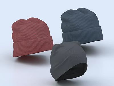 Three Different Colored Knitted Hats in Red Dark Blue and Gray Design 3d model