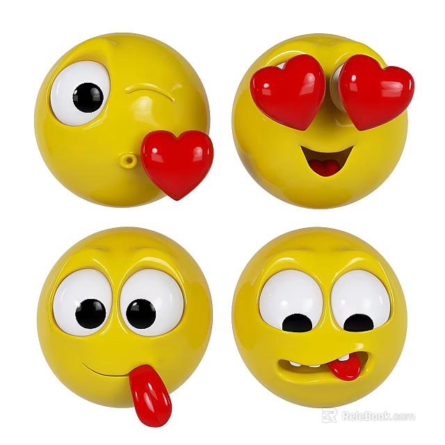 Emoji Decorative Ornament Set with Yellow Faces Various Expressions Hearts Tongue And Teeth 3d model 