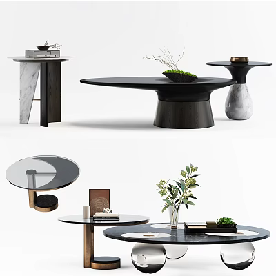 Modern Coffee Table Designs With Marble Top Wooden Base And Green Plant Decorations 3d model