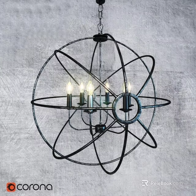 Vintage Spherical Chandelier With Metal Frame And Candle Bulbs On Textured Gray Wall 3d model 