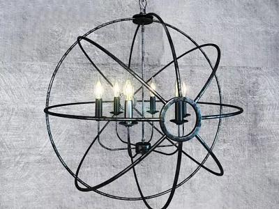 Vintage Spherical Chandelier With Metal Frame And Candle Bulbs On Textured Gray Wall 3d model