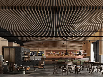 Modern Teahouse Interior Design With Wooden Ceiling Slats Dining Tables And Bar Counter 3d model