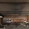 Modern Teahouse Interior Design With Wooden Ceiling Slats Dining Tables And Bar Counter