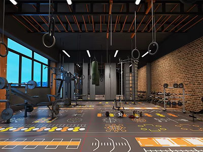 Modern Fitness Gym Interior With Hanging Rings Brick Wall And Colorful Floor Design 3d model