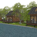 Rustic Wooden Guesthouses by Waterfront with Trees Large Windows and Decks