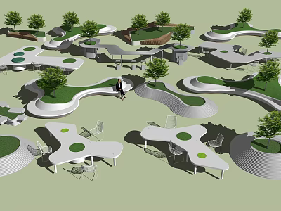 Modern Tree Planters Design With Curved Paths Seats And Green Plants 3d model
