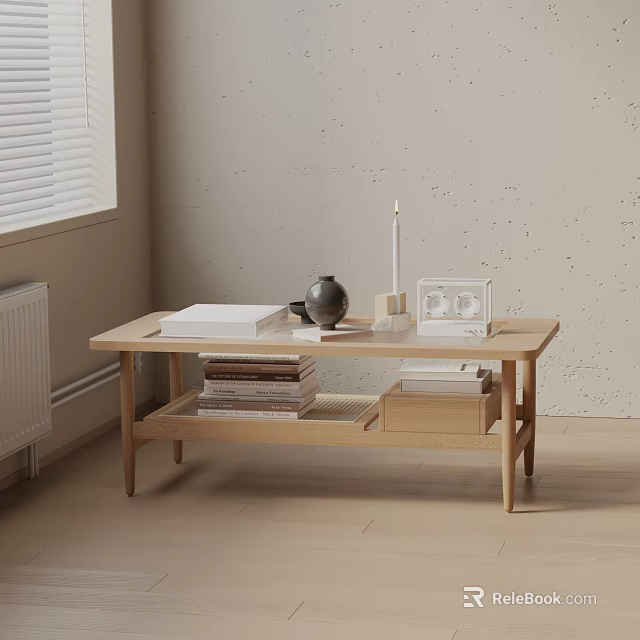 Minimalist Light Wood Coffee Table Set with Books Teapot and Decor in Living Room 3d model 