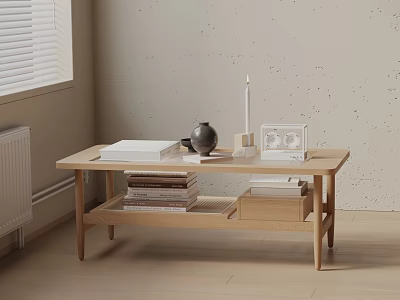 Minimalist Light Wood Coffee Table Set with Books Teapot and Decor in Living Room 3d model