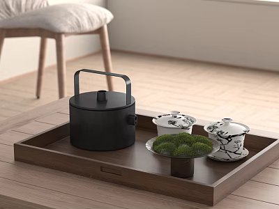 Minimalist Modern Tea Set with Black Container Patterned Cups and Moss Decoration on Wooden Tray 3d model