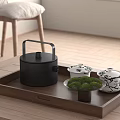 Minimalist Modern Tea Set with Black Container Patterned Cups and Moss Decoration on Wooden Tray