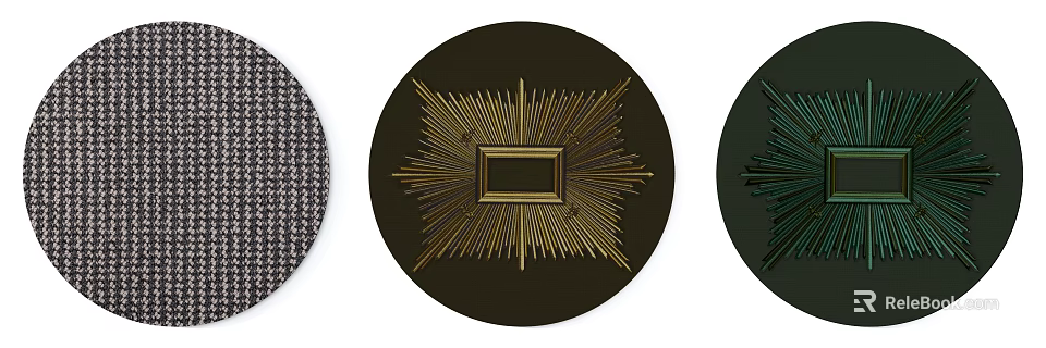 Dark Green Round Rug With Gold Radiant Pattern And Square Frame Design 3d model 