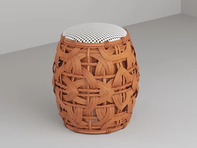 Natural Hand Woven Rattan Drum Stool With Comfortable Padded Seat For Casual Home Furniture 3d model