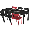 Modern Dark Dining Table Set With Six Red And Gray Chairs Tableware And Magazines 3d model
