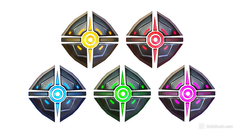 Five Colored Shield Shaped Emblems With Glowing Centers And Metallic Design 3d model 