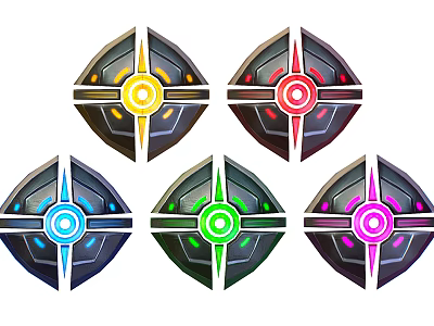 Five Colored Shield Shaped Emblems With Glowing Centers And Metallic Design 3d model