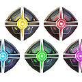 Five Colored Shield Shaped Emblems With Glowing Centers And Metallic Design