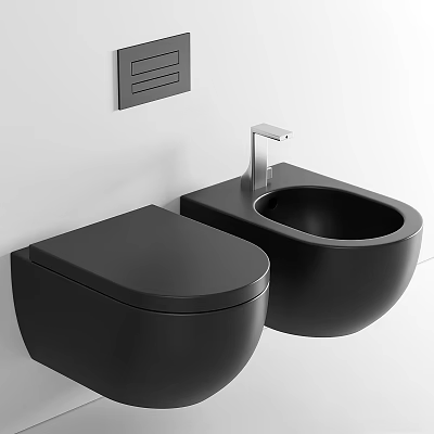 Modern Black Toilet Interior Design With Wall Mounted Bidet And Chrome Faucet 3d model