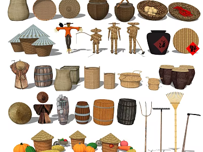 Traditional Agricultural Equipment And Tools With Woven Baskets Barrels And Scarecrows 3d model