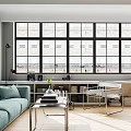 Modern Apartment Interior With Large Windows And Light Blue Sofa