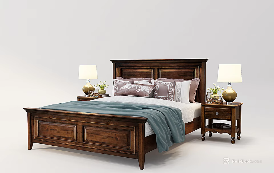 Dark Wood Double Bed With Carved Headboard Purple Pillows Blue Blanket And Nightstands With Lamps 3d model 