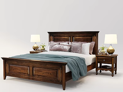 Dark Wood Double Bed With Carved Headboard Purple Pillows Blue Blanket And Nightstands With Lamps 3d model