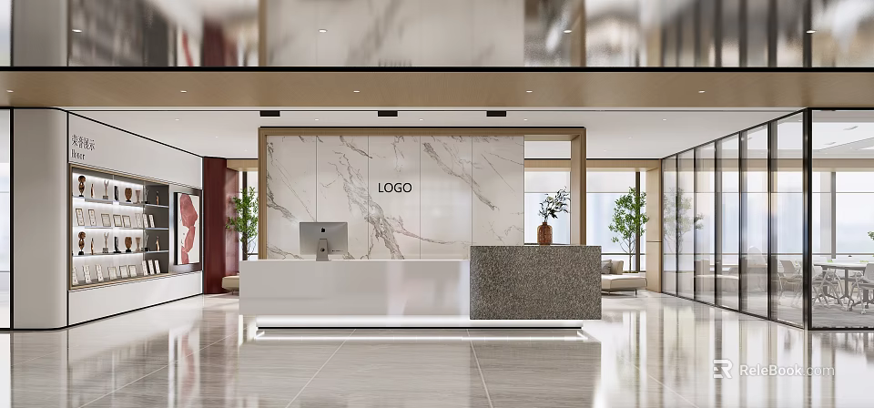 Modern Front Reception Desk With Marble Backdrop LOGO Green Plants And Bright Spacious Interior 3d model