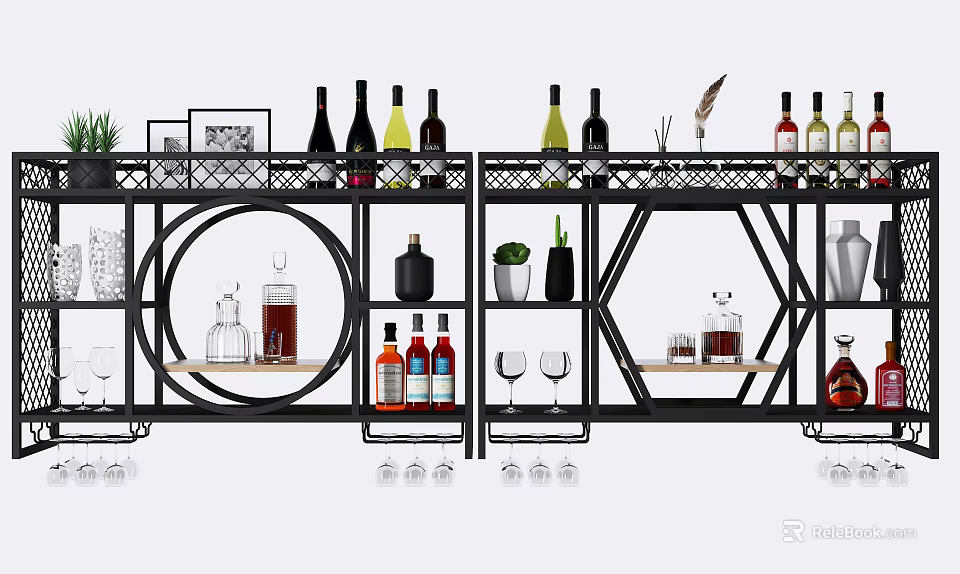Modern Open Shelf Wine Cabinet With Wine Bottles Glasses And Decorative Items 3d model 
