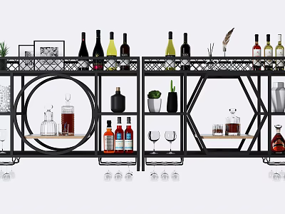 Modern Open Shelf Wine Cabinet With Wine Bottles Glasses And Decorative Items 3d model