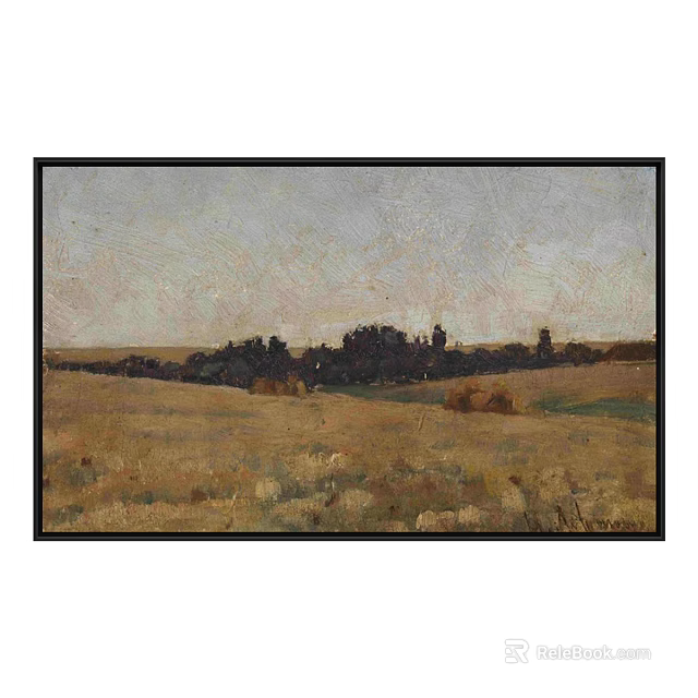 Rural Landscape Painting With Golden Field Dark Trees Haystacks And Serene Sky 3d model 