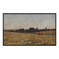 Rural Landscape Painting With Golden Field Dark Trees Haystacks And Serene Sky