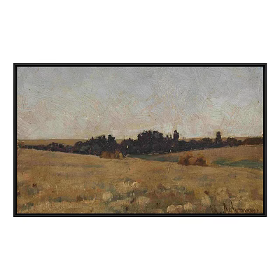Rural Landscape Painting With Golden Field Dark Trees Haystacks And Serene Sky 3d model
