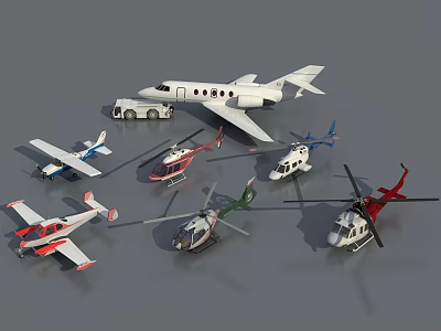 Various Colored Helicopters Displayed With Small Airplanes On Gray Surface 3d model