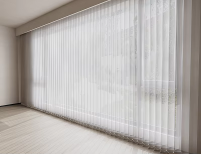 Modern White Vertical Blinds In Bright Room With Light Wooden Floor And Walls 3d model