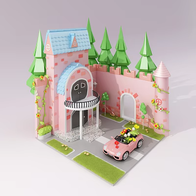 Fairy Tale Pink Castle With Blue Roof Green Pine Trees Pink Car On Lawn Path 3d model