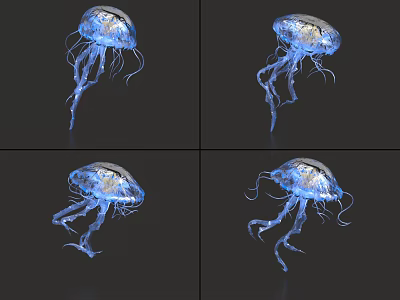 Elegant Glowing Blue Jellyfish Floating In Deep Underwater Sea With Transparent Body 3d model