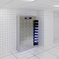 Modern Cafeteria Smart Storage Lockers With Silver Metal Compartments Digital Display And White Tiled Walls