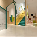 Kindergarten Interior With Reception Desk Computers Staircase Green Decorations And Cloud Patterns On Wooden Ceiling 3d model