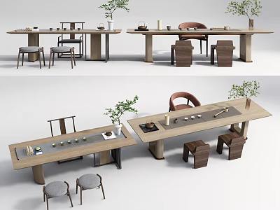 Modern Wooden Tea Table and Chairs with Tea Sets and Green Plants 3d model