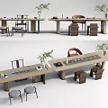 Modern Wooden Tea Table and Chairs with Tea Sets and Green Plants