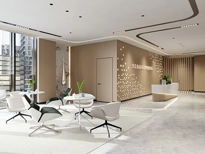 Modern Reception Desk Interior Design With Waiting Seats Large Windows And Wooden Decorations 3d model