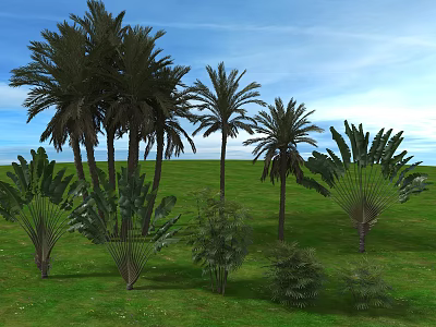 Diverse Arborescent Plants Thriving In Lush Green Grass Under Clear Blue Sky 3d model