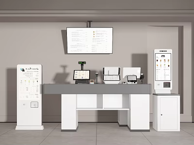 Commercial Equipment Setup With Service Desk Computer Printer Information Display And Large Monitor 3d model